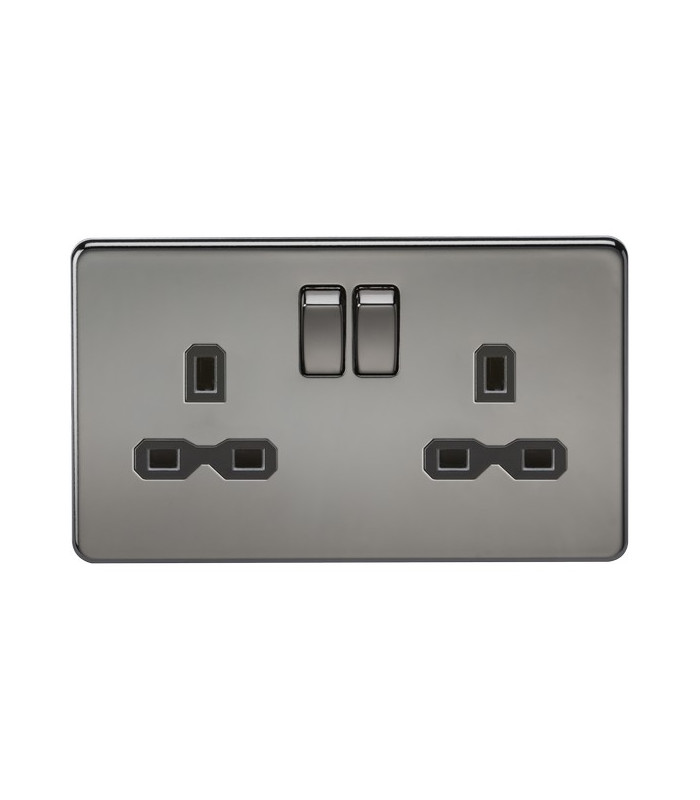 Screwless 13A 2G DP switched socket - black nickel with black insert