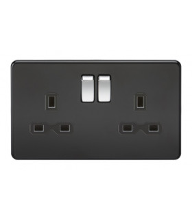 Screwless 13A 2G DP switched socket - matt black with black insert and chrome rockers