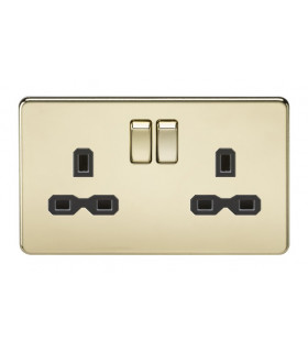 Screwless 13A 2G DP switched socket - polished brass with black insert