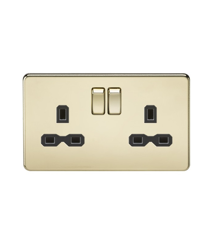 Screwless 13A 2G DP switched socket - polished brass with black insert