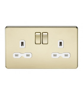 Screwless 13A 2G DP switched socket - polished brass with white insert