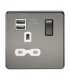 Screwless 13A 1G switched socket with dual USB charger (2.1A) - black nickel with white insert