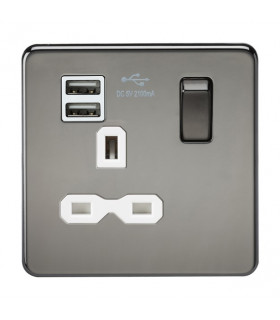 Screwless 13A 1G switched socket with dual USB charger (2.1A) - black nickel with white insert