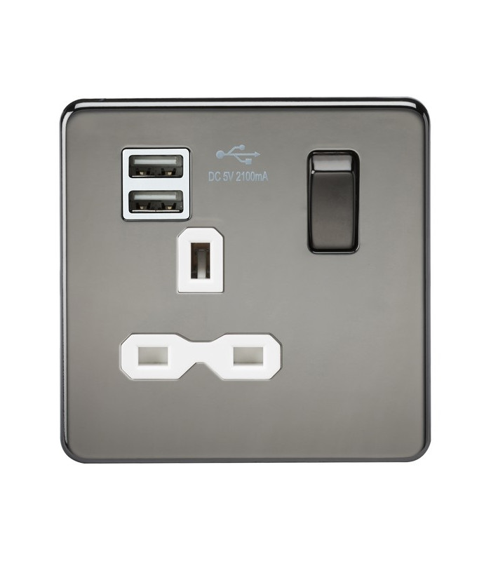 Screwless 13A 1G switched socket with dual USB charger (2.1A) - black nickel with white insert