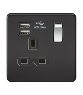 Screwless 13A 1G switched socket with dual USB charger (2.1A) - matt black with chrome rocker