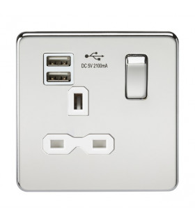 Screwless 13A 1G switched socket with dual USB charger (2.1A) - polished chrome with white insert