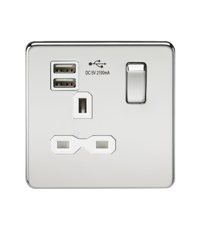 Screwless 13A 1G switched socket with dual USB charger (2.1A) - polished chrome with white insert