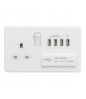 Screwless 13A switched socket with quad USB charger (5.1A) - matt white