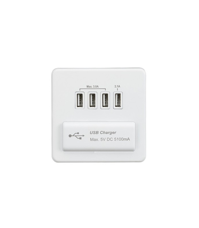 Screwless Quad USB Charger Outlet (5.1A) - Matt White with White Insert