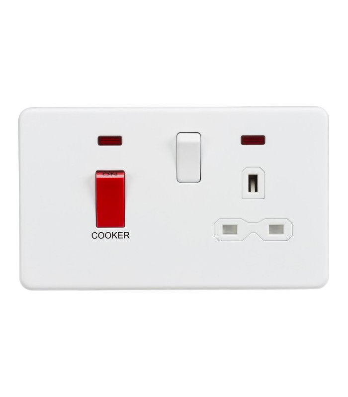 Screwless 45A DP switch and 13A switched socket with neons - matt white