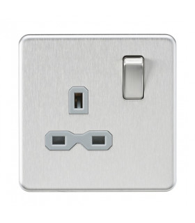 Screwless 13A 1G DP switched Socket - Brushed Chrome with grey Insert