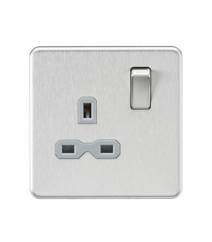Screwless 13A 1G DP switched Socket - Brushed Chrome with grey Insert