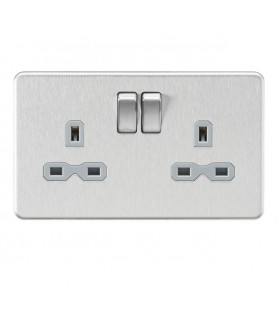 Screwless 13A 2G DP switched socket - Brushed chrome with grey insert