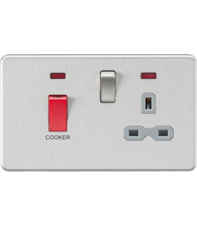 Screwless 45A DP switch and 13A switched socket with neons - brushed chrome with grey insert