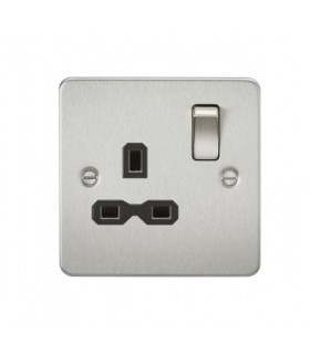 Flat plate 13A 1G DP switched socket - brushed chrome with black insert