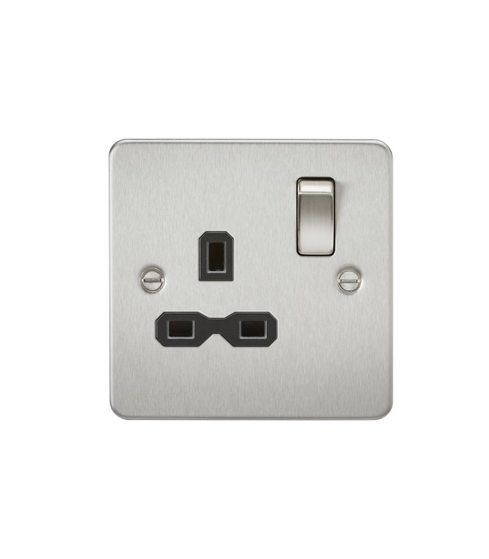 Flat plate 13A 1G DP switched socket - brushed chrome with black insert