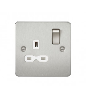 Flat plate 13A 1G DP switched socket - brushed chrome with white insert