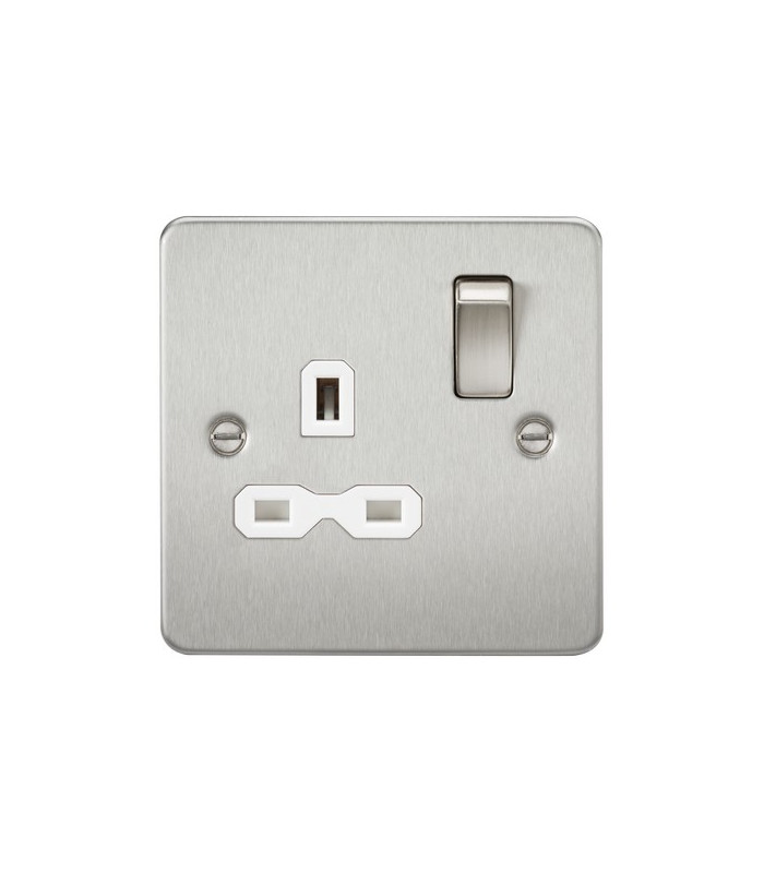 Flat plate 13A 1G DP switched socket - brushed chrome with white insert