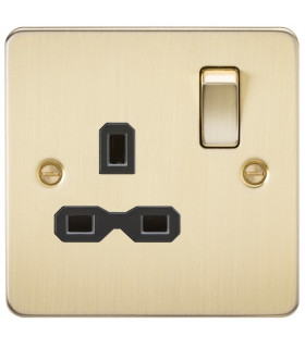 Flat plate 13A 1G DP switched socket - brushed brass with black insert