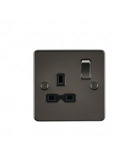 Flat plate 13A 1G DP switched socket - gunmetal with black insert