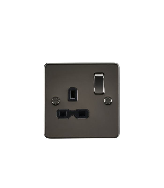 Flat plate 13A 1G DP switched socket - gunmetal with black insert