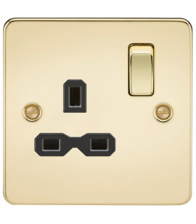 Flat plate 13A 1G DP switched socket - polished brass with black insert
