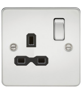 Flat plate 13A 1G DP switched socket - polished chrome with black insert
