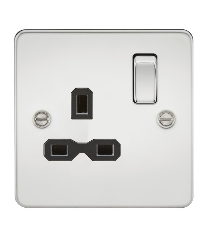 Flat plate 13A 1G DP switched socket - polished chrome with black insert
