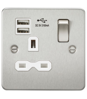Flat plate 13A 1G switched socket with dual USB charger (2.1A) - brushed chrome with white insert