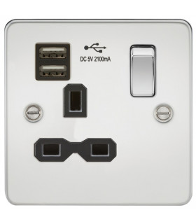 Flat plate 13A 1G switched socket with dual USB charger (2.1A) - polished chrome with black insert