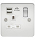Flat plate 13A 1G switched socket with dual USB charger (2.1A) - polished chrome with white insert