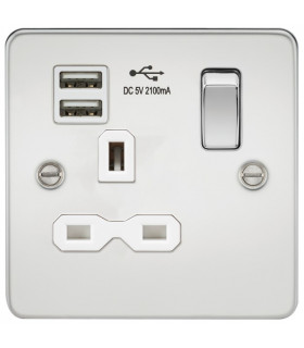 Flat plate 13A 1G switched socket with dual USB charger (2.1A) - polished chrome with white insert