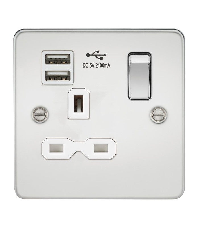Flat plate 13A 1G switched socket with dual USB charger (2.1A) - polished chrome with white insert