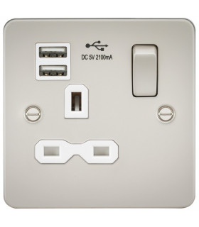 Flat plate 13A 1G switched socket with dual USB charger (2.1A) - pearl with white insert