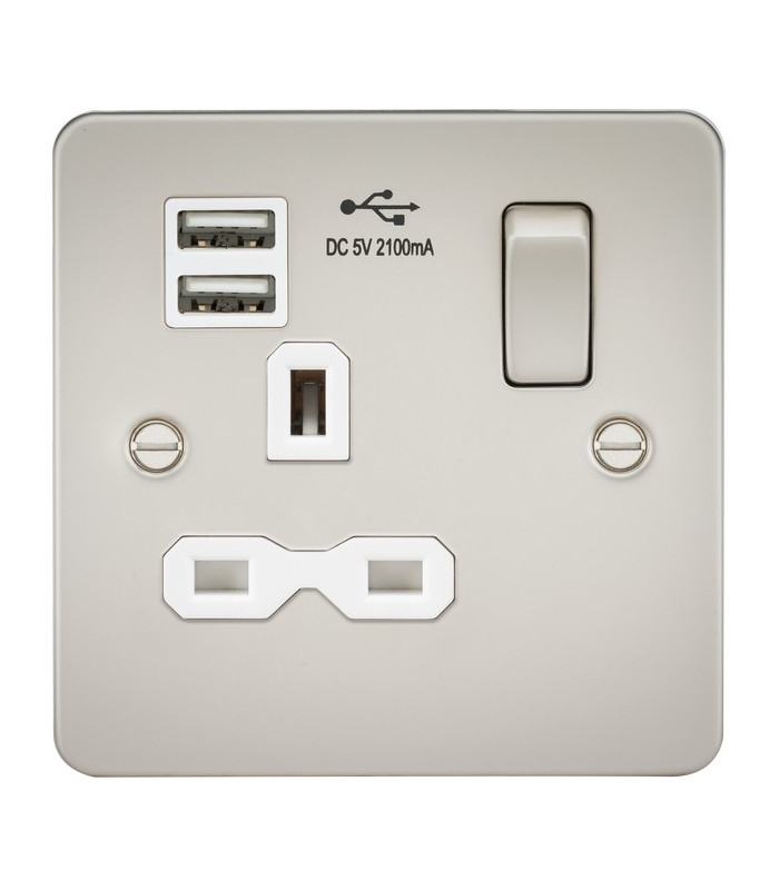 Flat plate 13A 1G switched socket with dual USB charger (2.1A) - pearl with white insert
