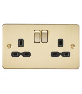 Flat plate 13A 2G DP switched socket - brushed brass with black insert