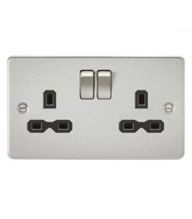 Flat plate 13A 2G DP switched socket - brushed chrome with black insert