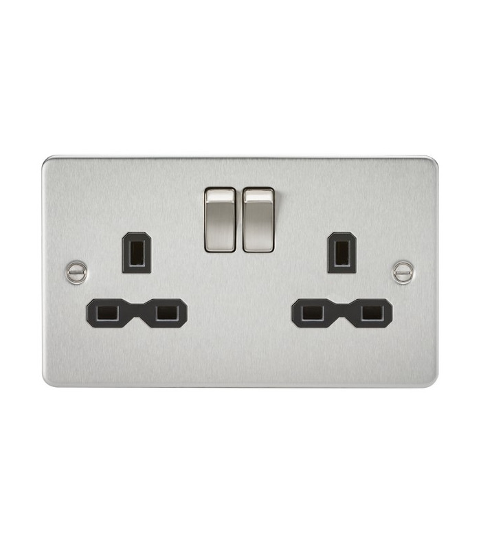 Flat plate 13A 2G DP switched socket - brushed chrome with black insert