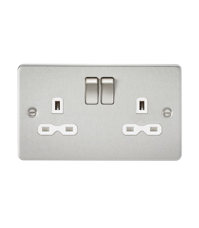 Flat plate 13A 2G DP switched socket - brushed chrome with white insert