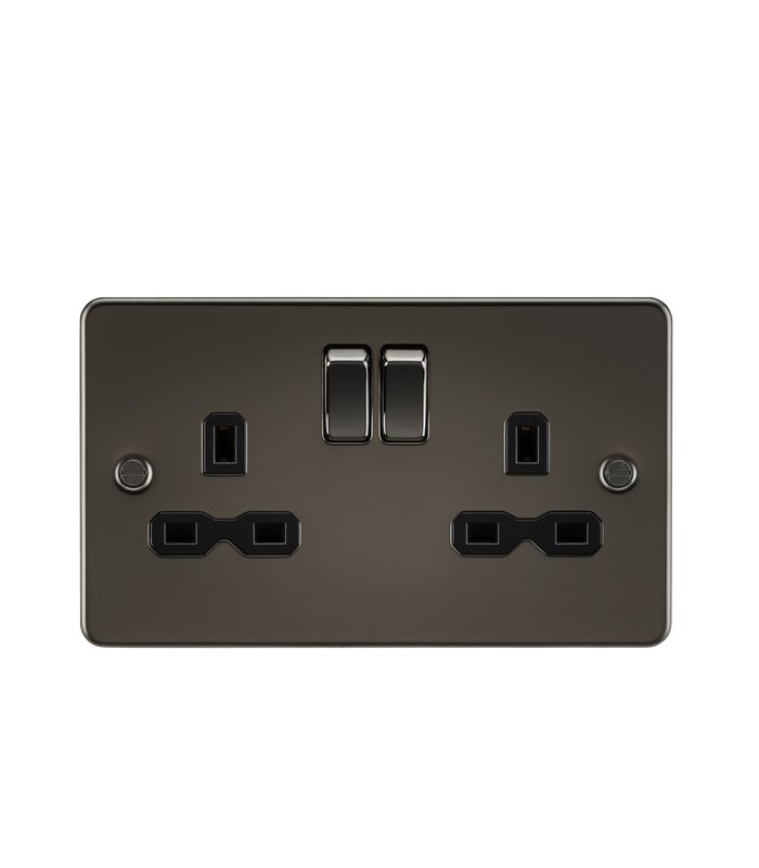 Flat plate 13A 2G DP switched socket - gunmetal with black insert