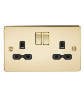 Flat plate 13A 2G DP switched socket - polished brass with black insert