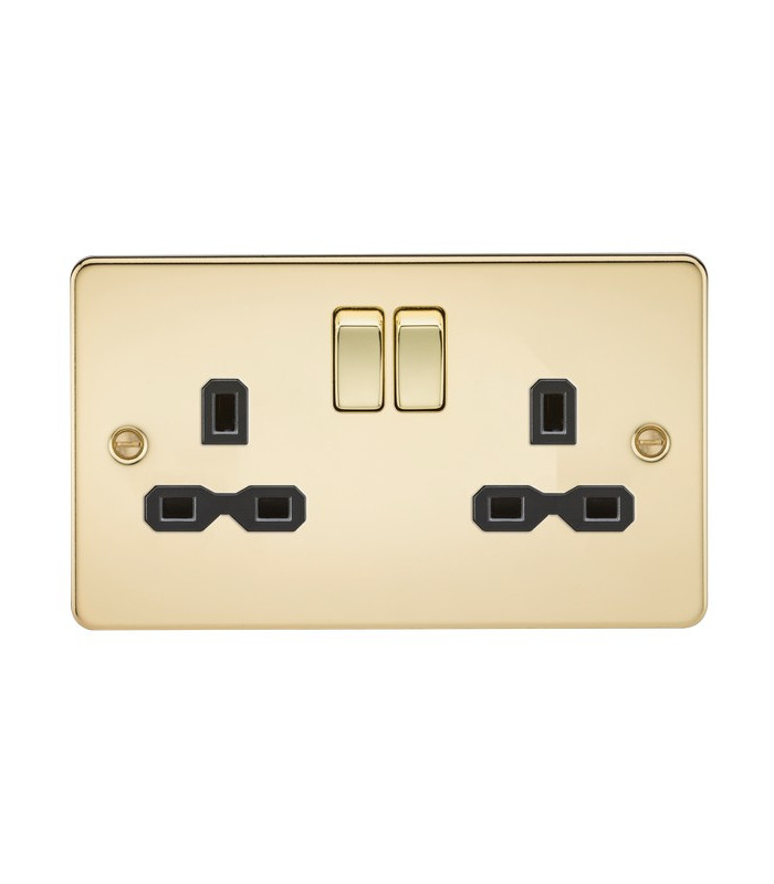Flat plate 13A 2G DP switched socket - polished brass with black insert