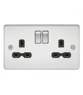 Flat plate 13A 2G DP switched socket - polished chrome with black insert