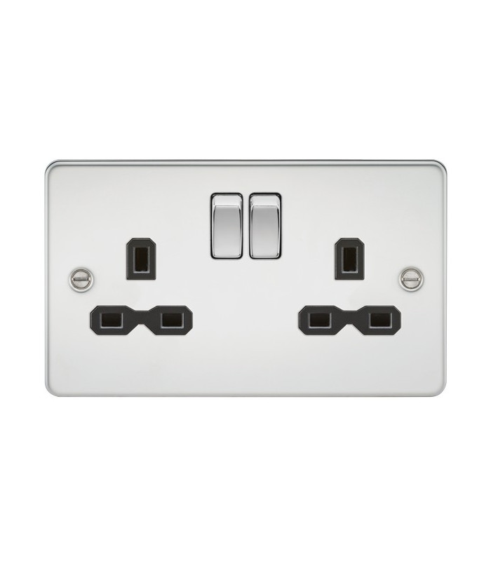 Flat plate 13A 2G DP switched socket - polished chrome with black insert