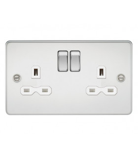 Flat plate 13A 2G DP switched socket - polished chrome with white insert