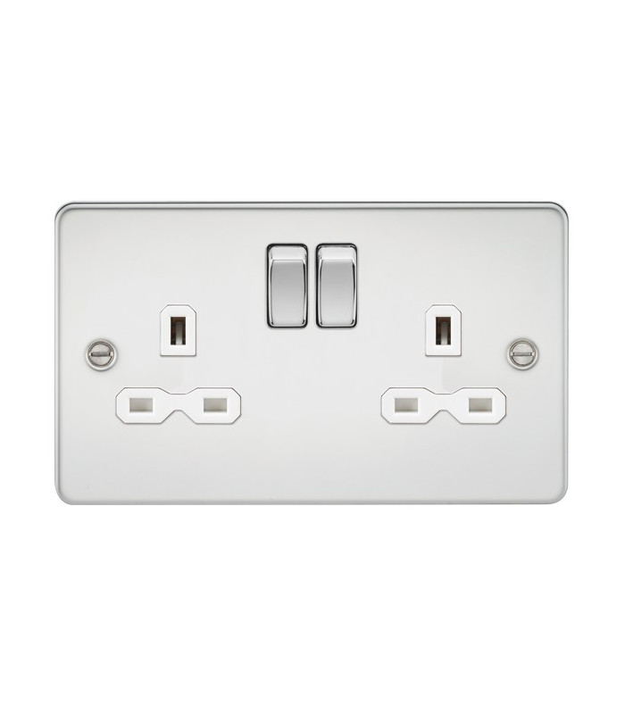 Flat plate 13A 2G DP switched socket - polished chrome with white insert