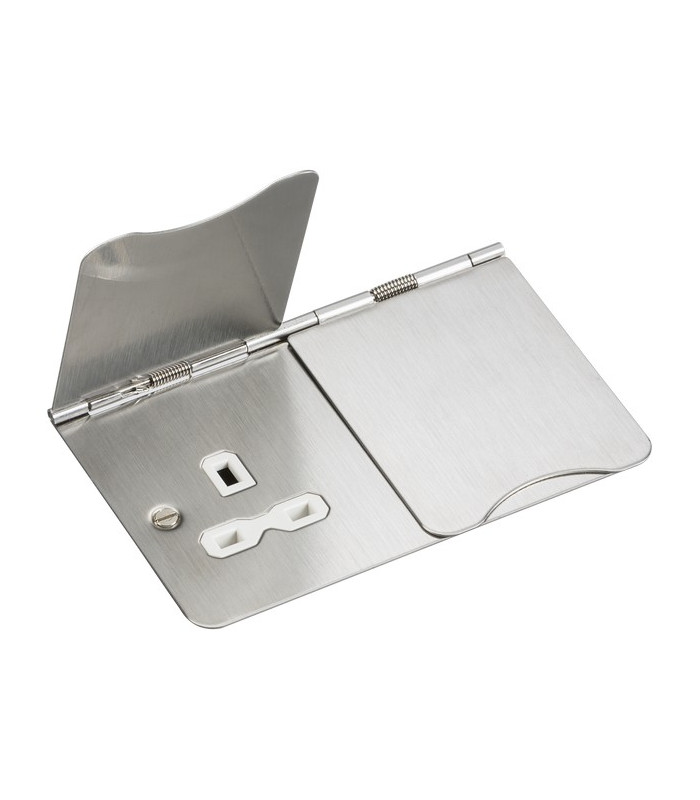 13A 2G unswitched floor socket - brushed chrome with white insert