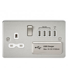 Flat plate 13A switched socket with quad USB charger - brushed chrome with white insert