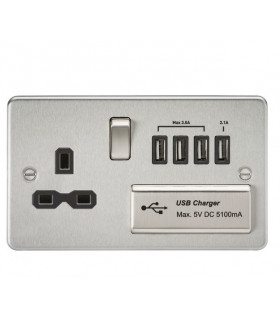 Flat plate 13A switched socket with quad USB charger - brushed chrome with black insert