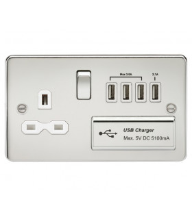 Flat plate 13A switched socket with quad USB charger - polished chrome with white insert